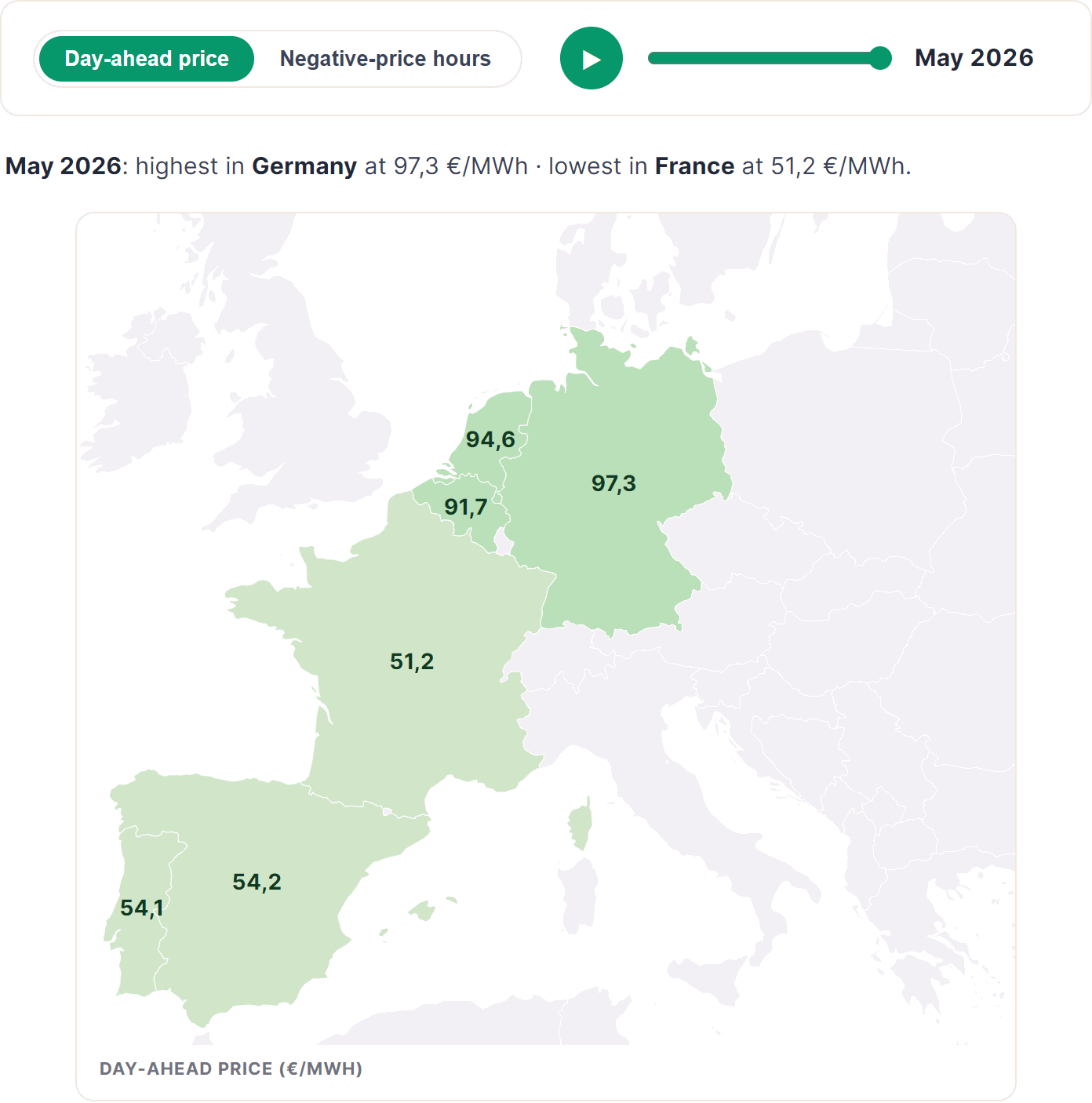 Choropleth of European day-ahead power prices, May 2026